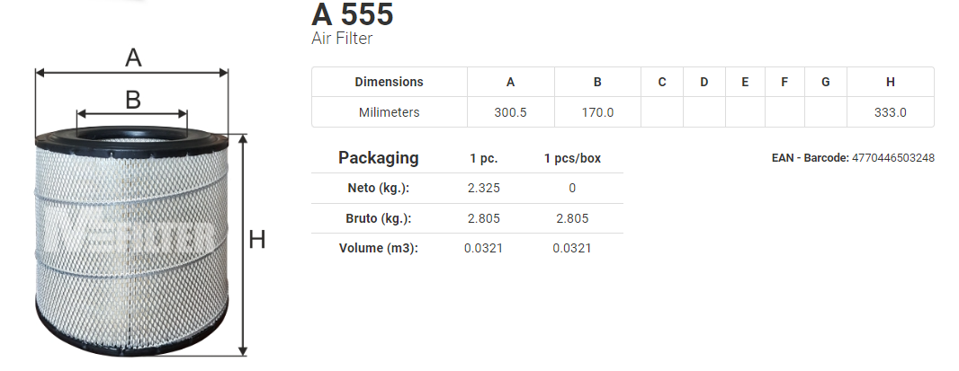 Фильтр воздушный A555  Karosa 956 Mfilter