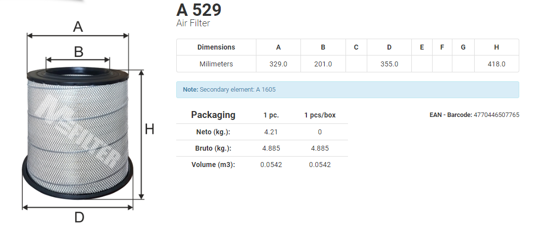 Фильтр воздушный A529 Volvo FH-12 Mfilter